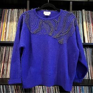 Vintage Carini Blue Knit Sweater Studded Detail Crewneck Cozy Retro Size M L